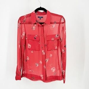 Fairy Womens Red Floral Sheer Button Down Shirt XS y2k Bright Spring Chic Roses